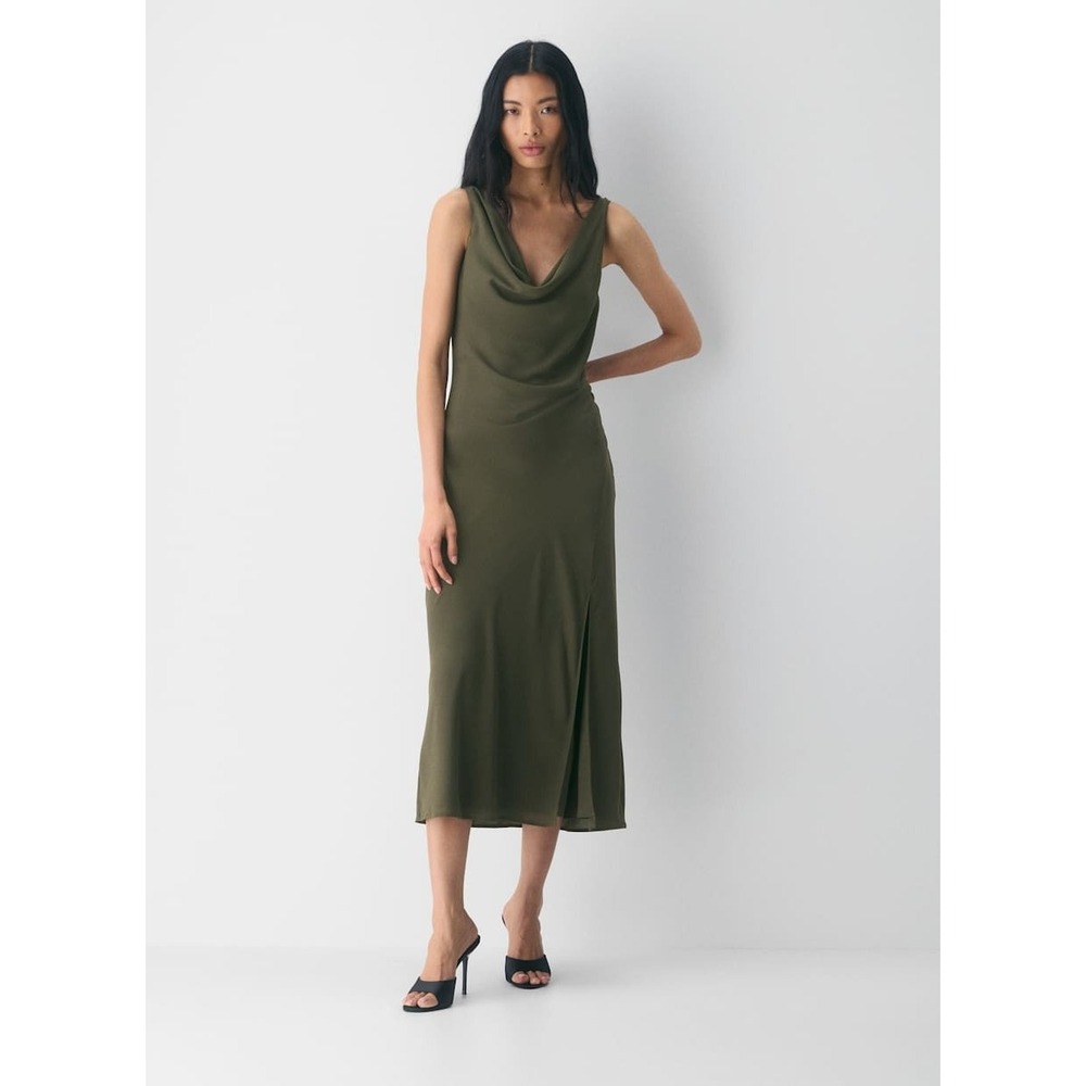 NWT Aritzia TEN by Babaton Kite Dress Dark Olive Green Cowl Neck Ruched Midi 0